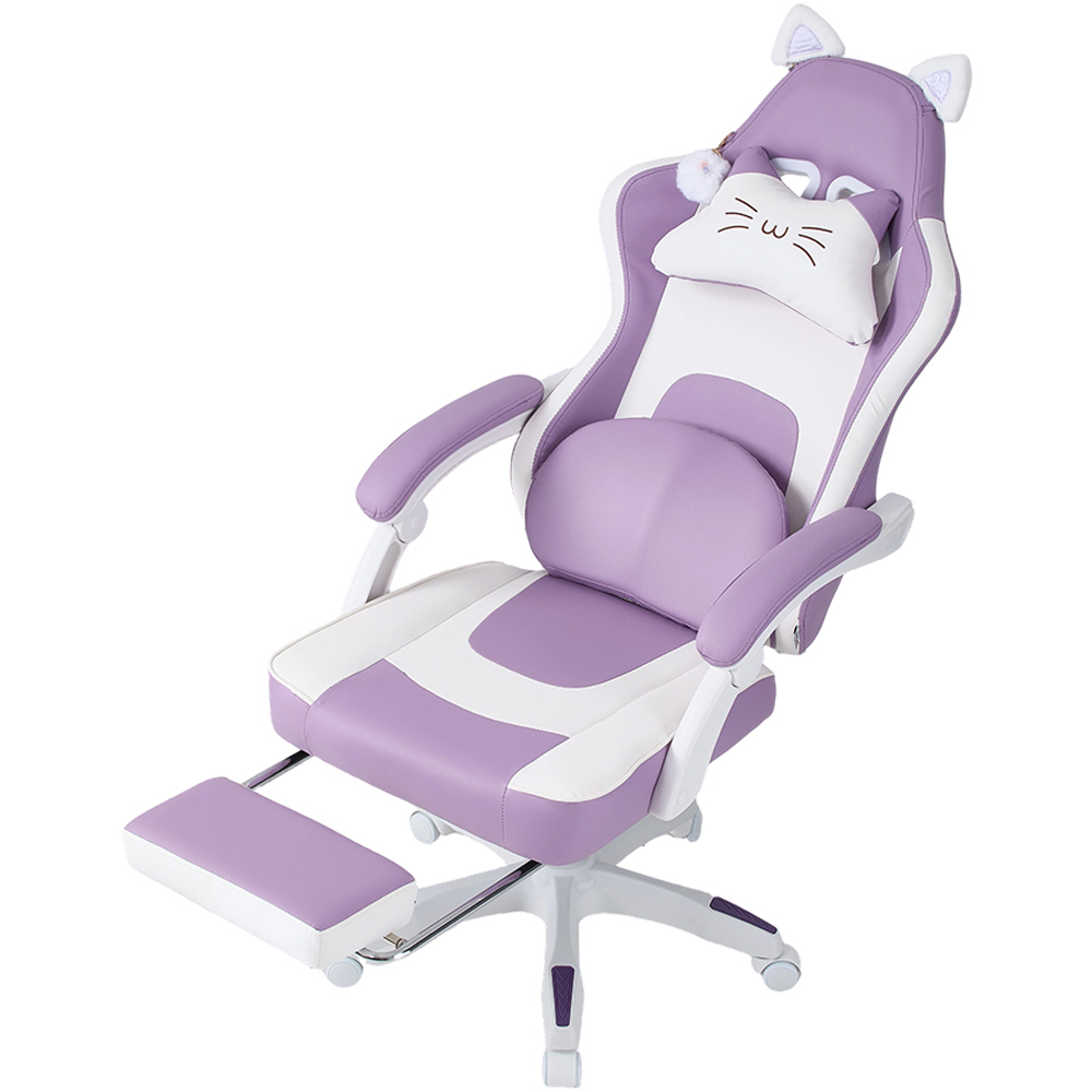 Living and Home White and Purple Cat Ear Design Gaming Chair with Massage Lumbar Pillow Image 2