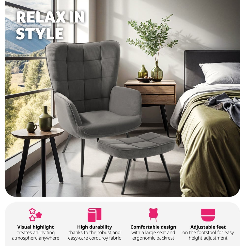 tectake Hygge Fine Corduroy Anthracite and Black Armchair with Stool Image 4