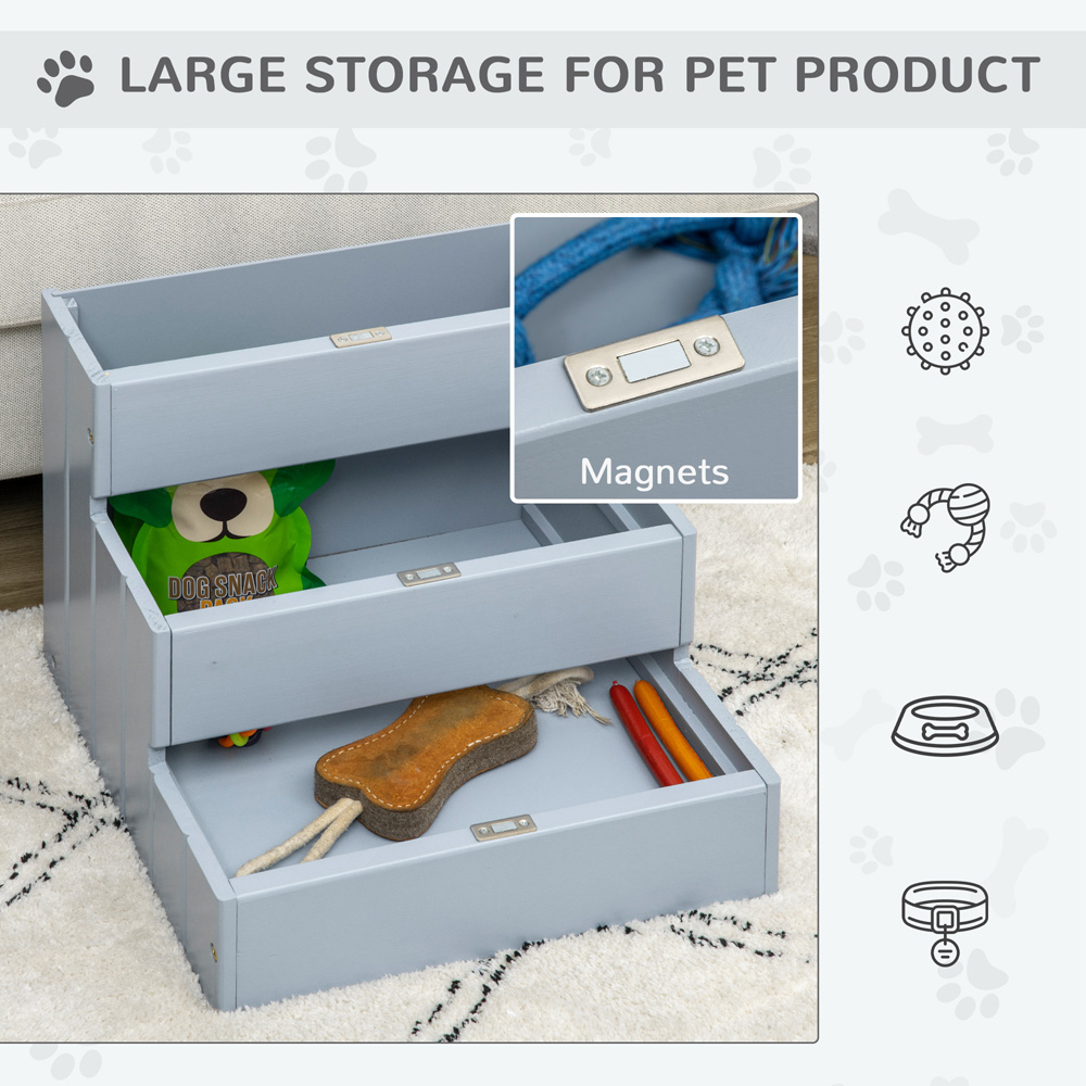 PawHut Grey 3 Step Wooden Dog Steps Pet Stairs with Storage Image 5