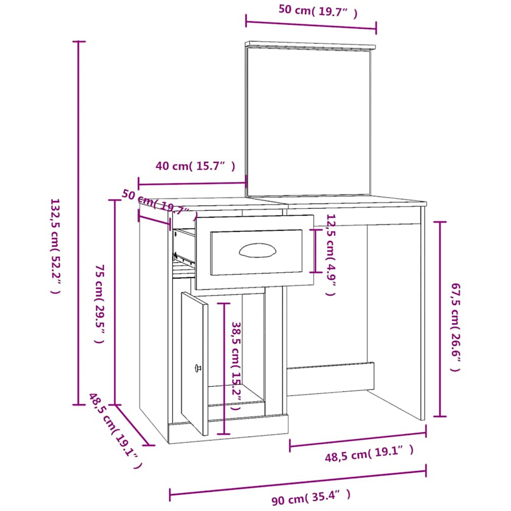 vidaXL Single Door Single Drawer Sonoma Oak Dressing Table with Mirror Image 9