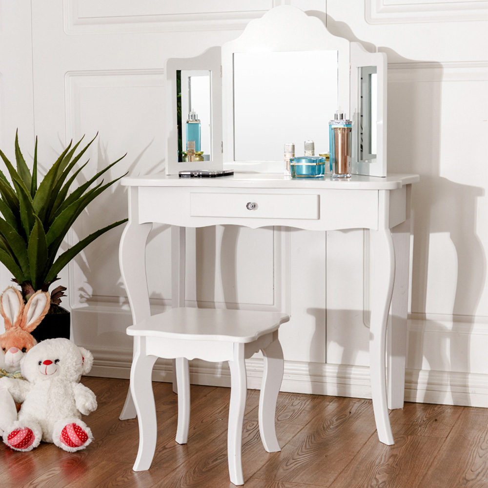 Costway Kids Single Drawer White Vanity Dressing Table Set with Mirror Image 1