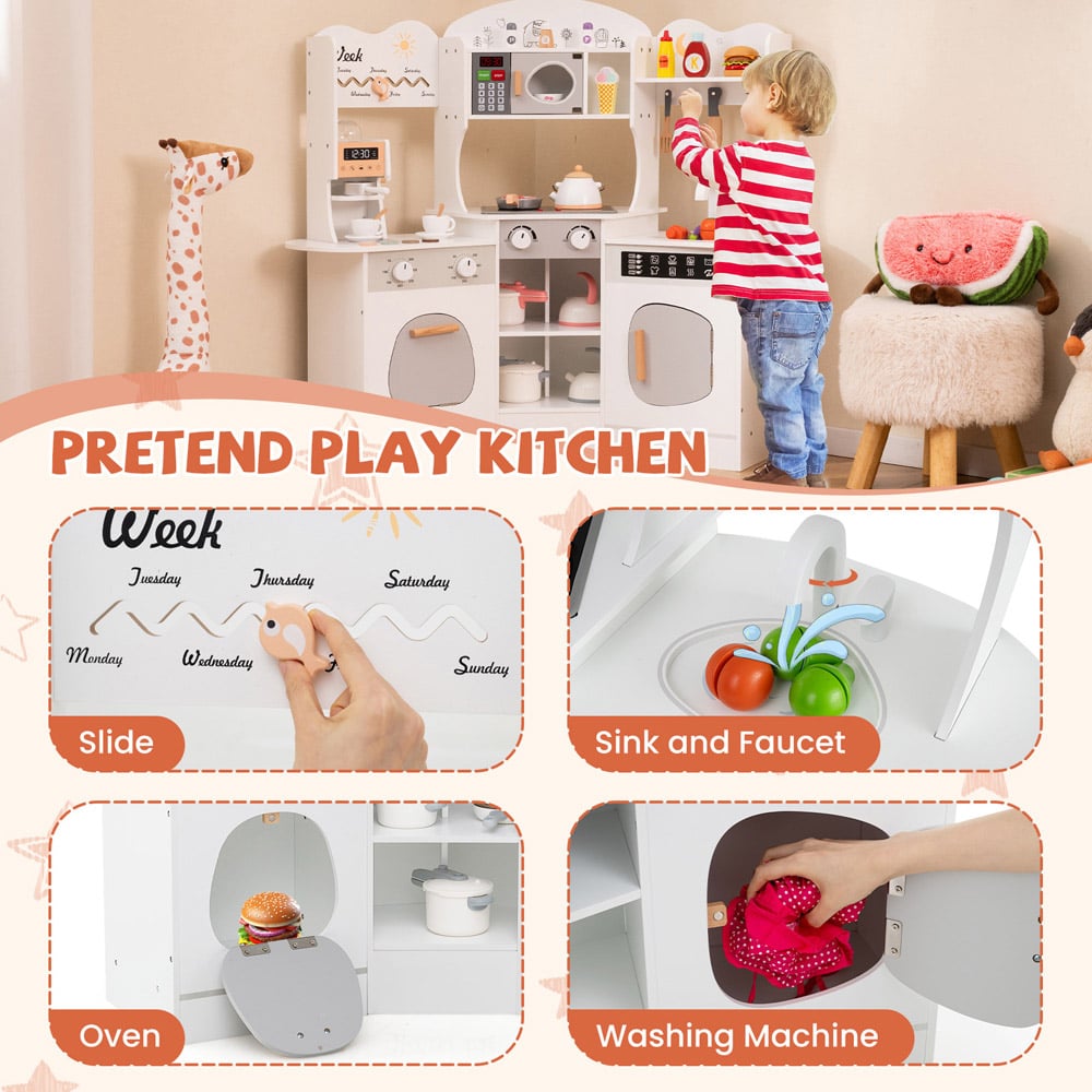 Costway White Kids Corner Wooden Play Kitchen Image 4