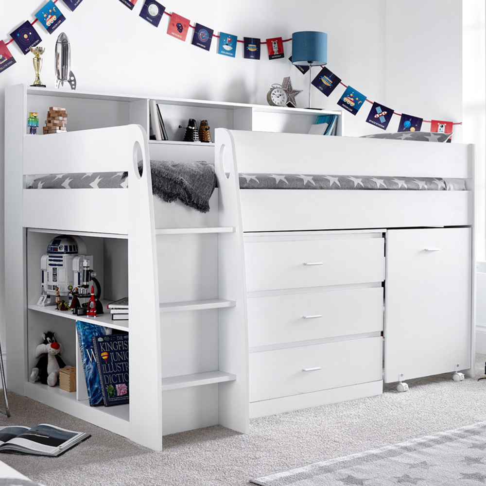 Ersa Mid Sleeper White Desk and Storage Bed with Memory Foam Mattress Image 1