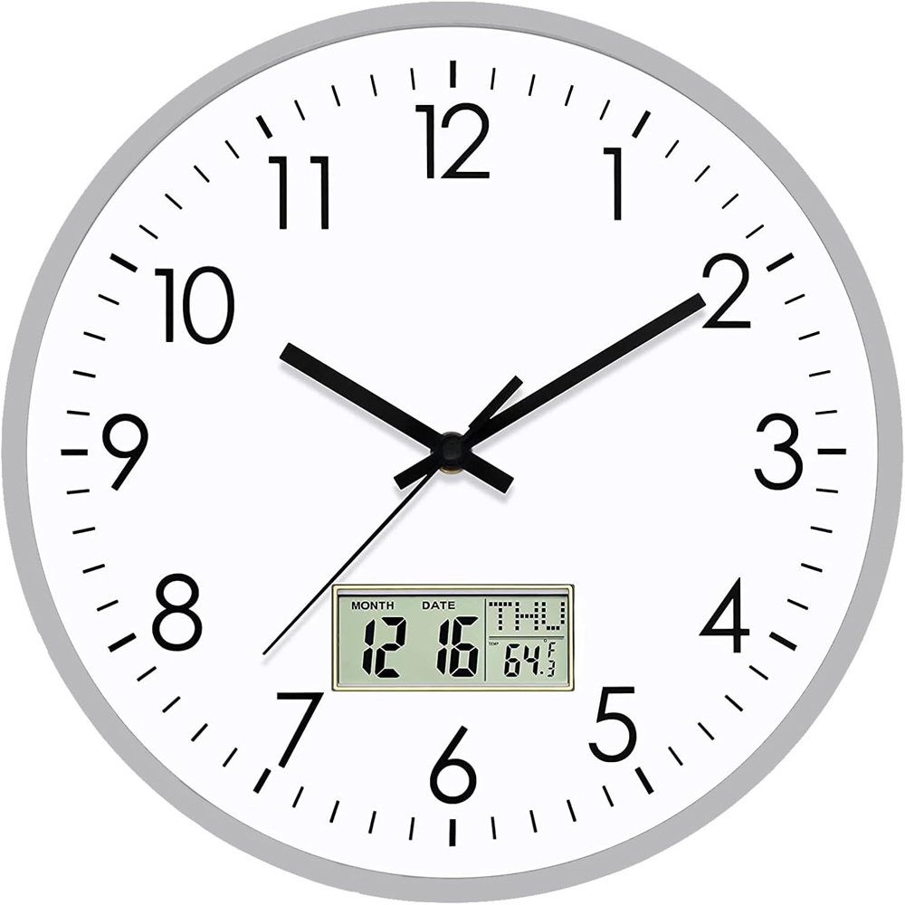 ATEK Silver Silent Digital Wall Clock with Date Day and Temperature Display 30cm Image 1