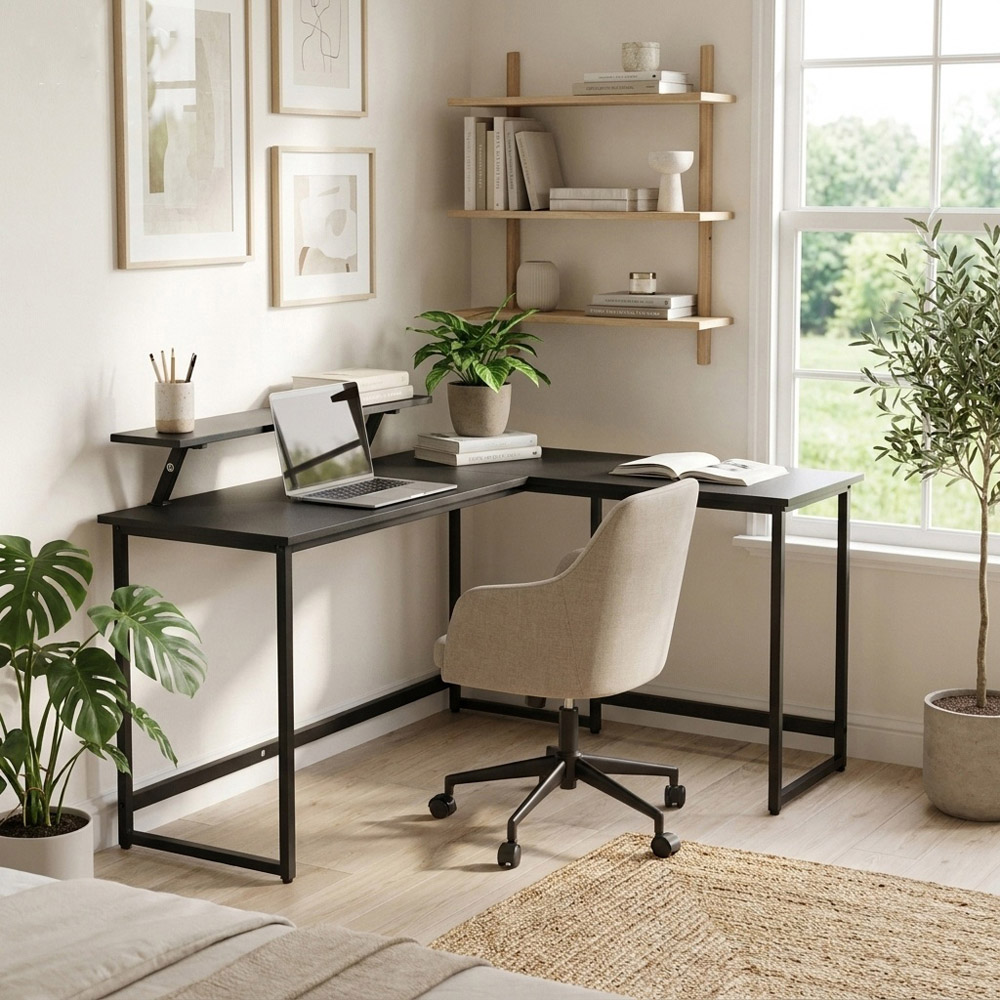 Abrihome Single Shelf Industrial Style L-Shaped Corner Computer Desk Black Image 3