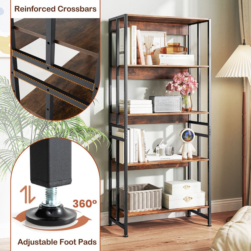 Costway 4 Shelf Rustic Brown Tall Adjustable Etagere Bookcase Image 6