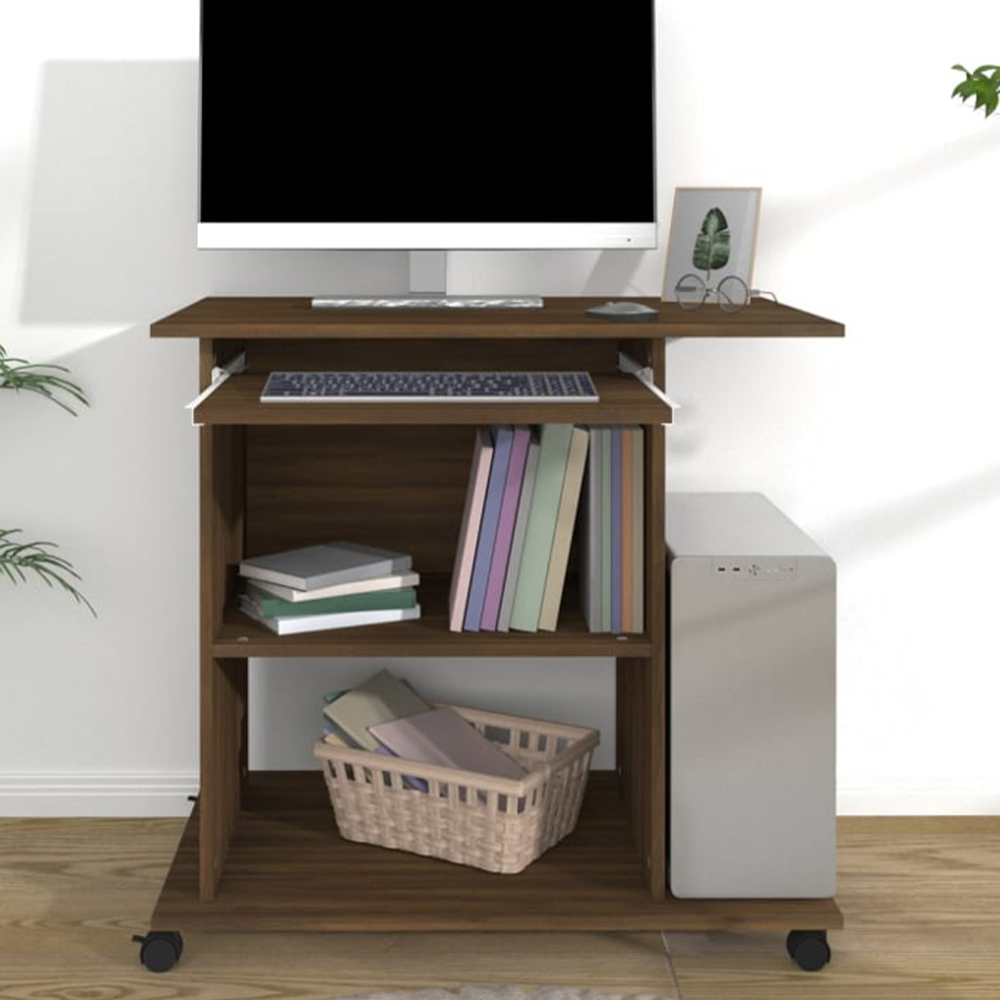 vidaXL 3 Shelf Wheeled Computer Desk with Keyboard Tray Brown Oak Image 1