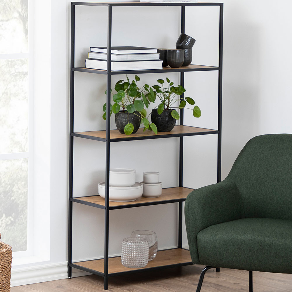 Florence Seaford 4 Shelf Oak and Black Metal Bookcase Image 1