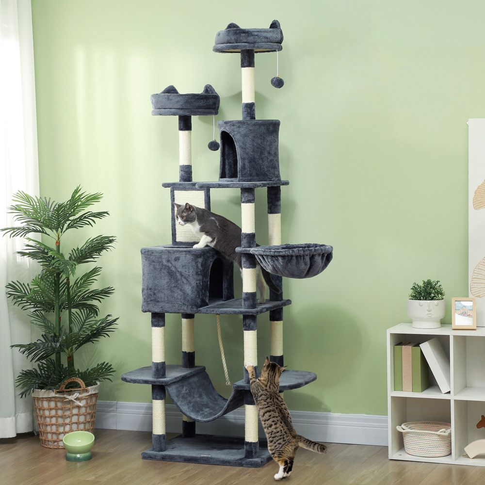 PawHut Dark Grey Double Condos Cat Tree with Scratching Post Bed and Hammock 206cm Image 2