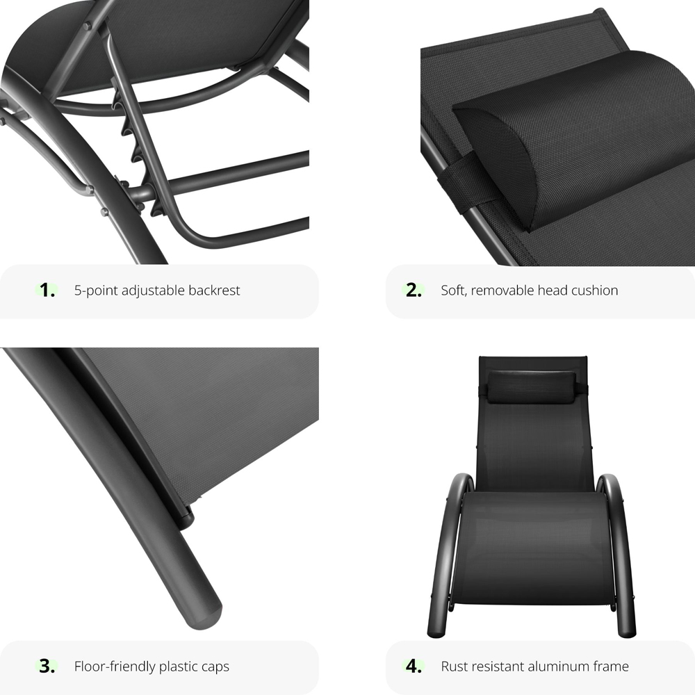 tectake Alina Set of 2 Black 5 Step Backrest Sun Lounger with Head Cushion Image 3