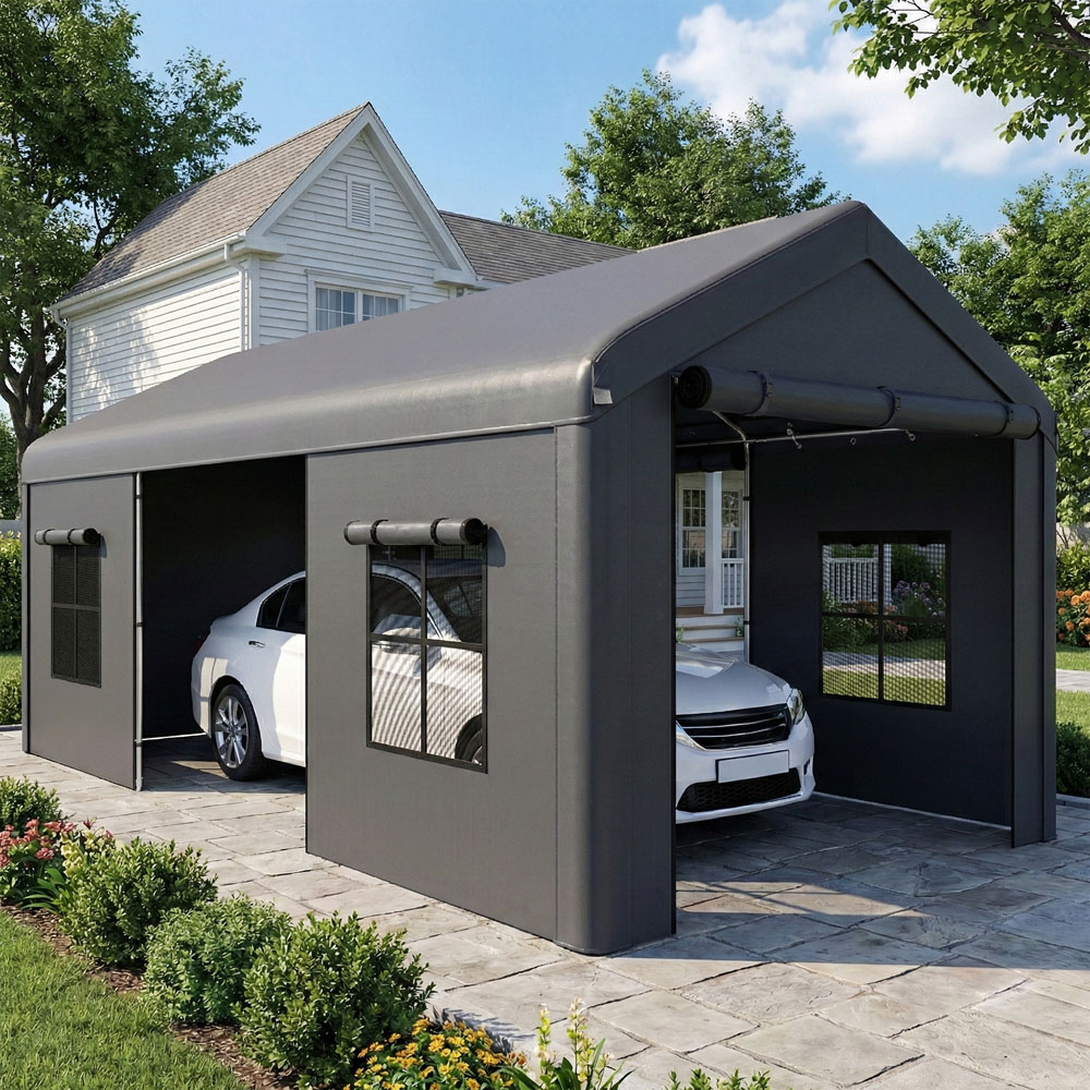 Outsunny Dark Grey Heavy Duty Portable Apex Carport with 3 Doors 3 x 6m Image 2
