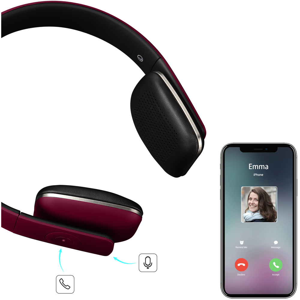 August EP636R Red Wireless Rechargeable On-Ear NFC Bluetooth Headphones with Mic Image 3