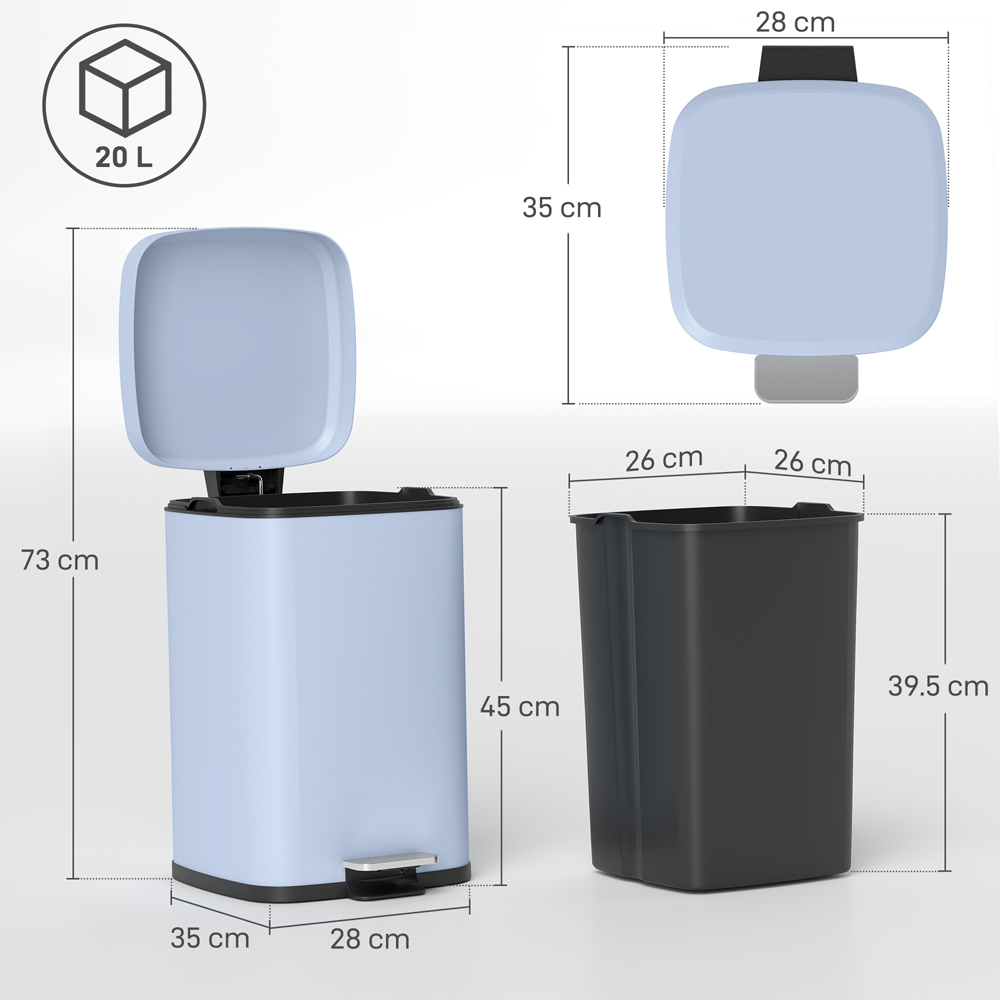HOMCOM Light Blue Pedal Kitchen Bin with Soft Close Lid 20L Image 9