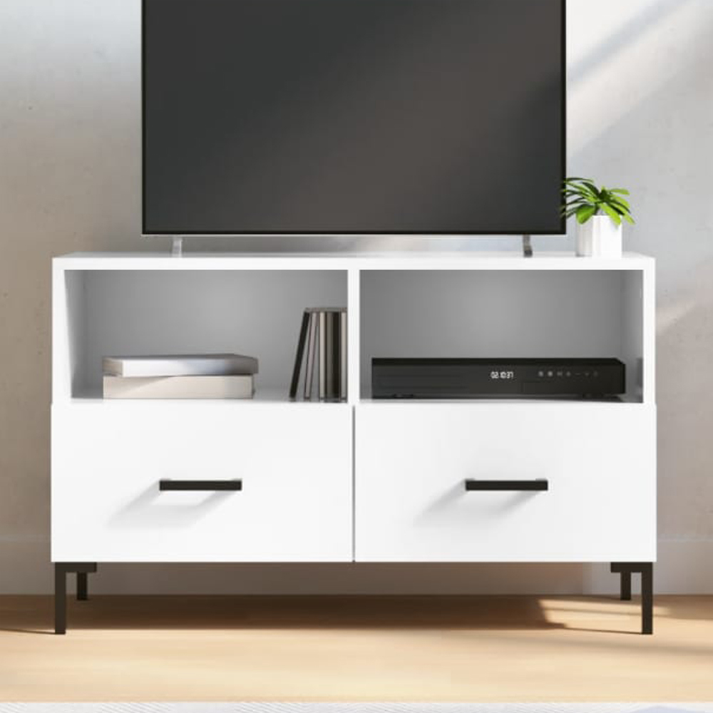 vidaXL 2 Drawer 2 Shelf High Gloss White TV Cabinet Image 1