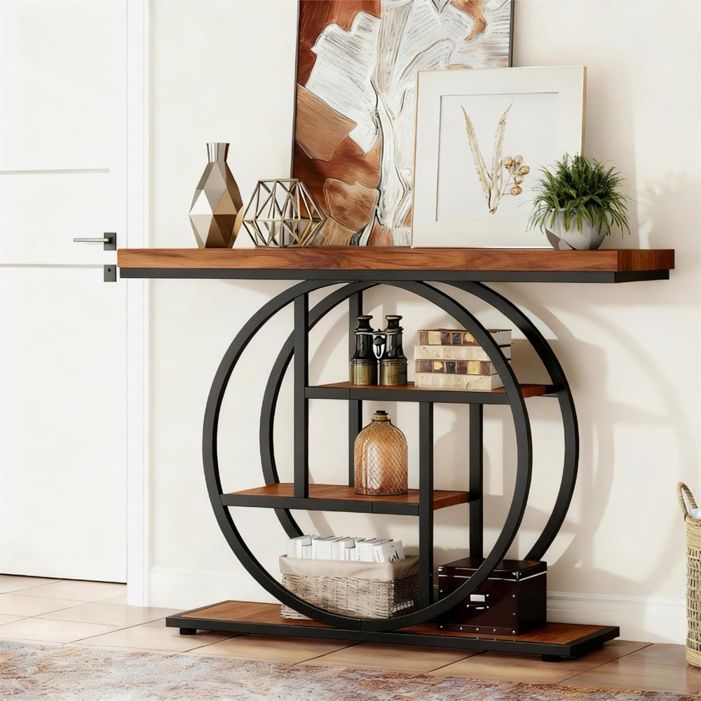 Alivio 3 Shelf Brown Rustic Wood Double Round Metal Frame Console Table Image 3