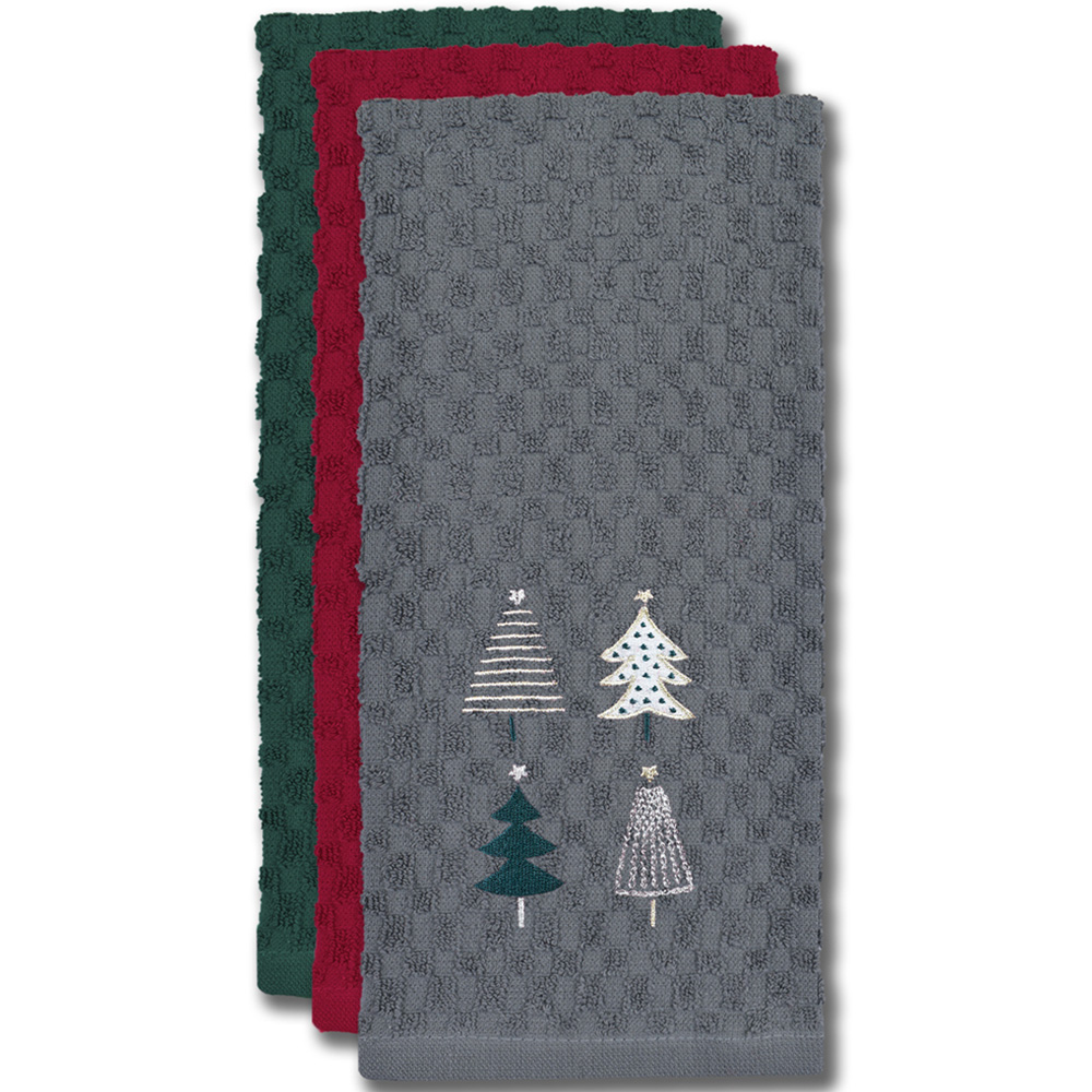 Noel Square Xmas Trees Grey Tea Towel 3 Pack Image 3
