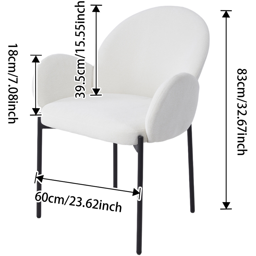 Living and Home Set of 2 White Upholstered Teddy Fleece Dining Chair with Armrests Image 9
