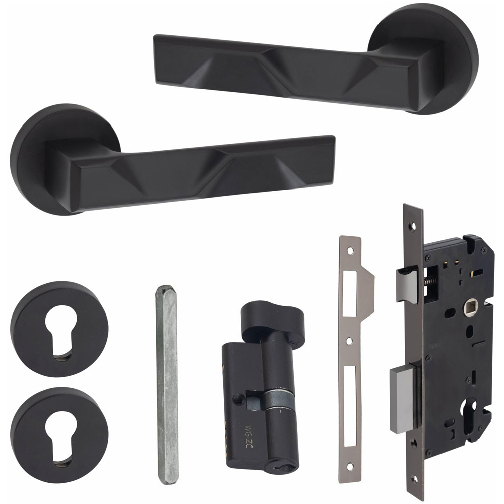 Golden Grace Matt Black Modern Nova Euro Lock Door Handle Set 70mm Image 1