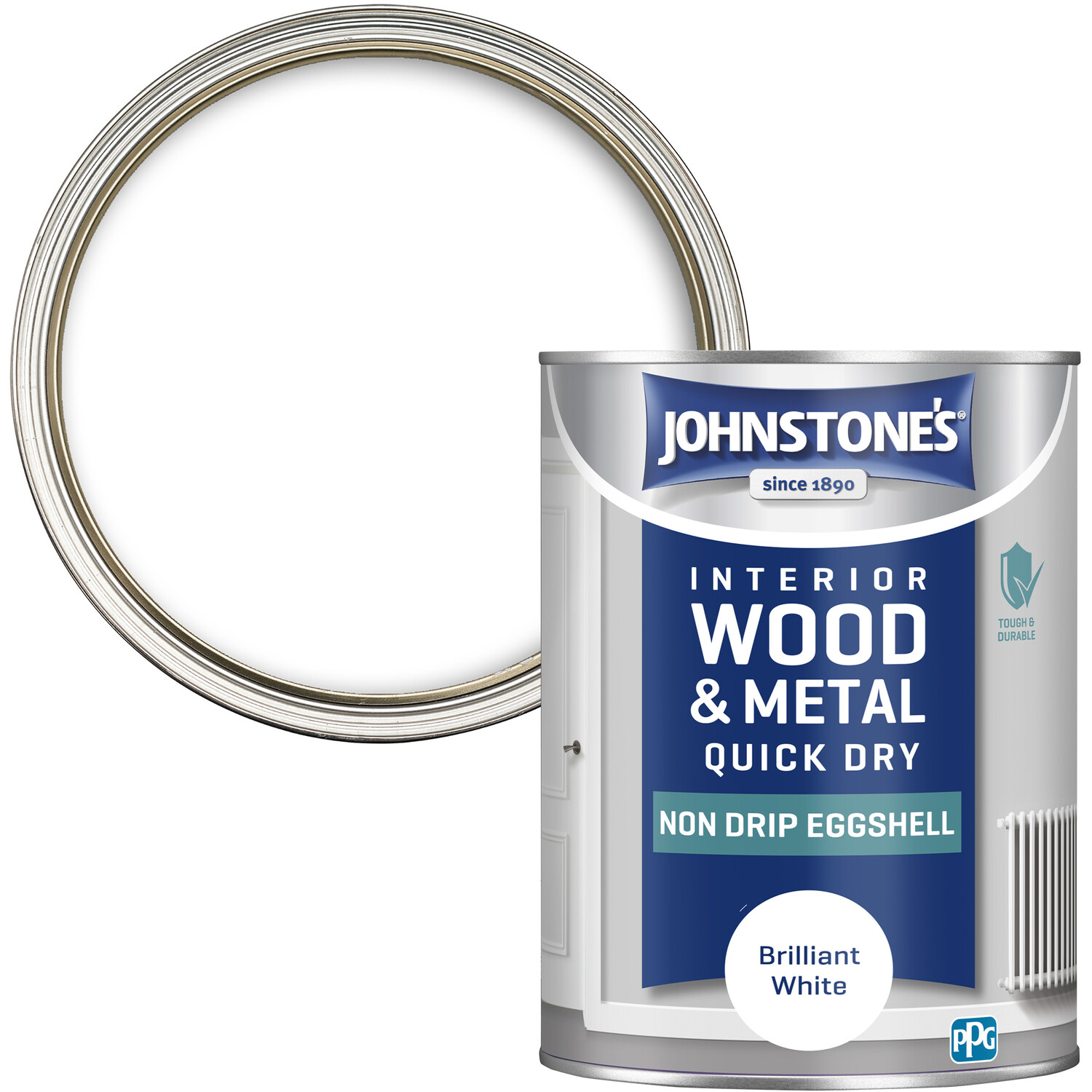 Johnstone's Interior Wood and Metal Quick Dry Eggshell Paint - Brilliant White / 1.25l Image 1