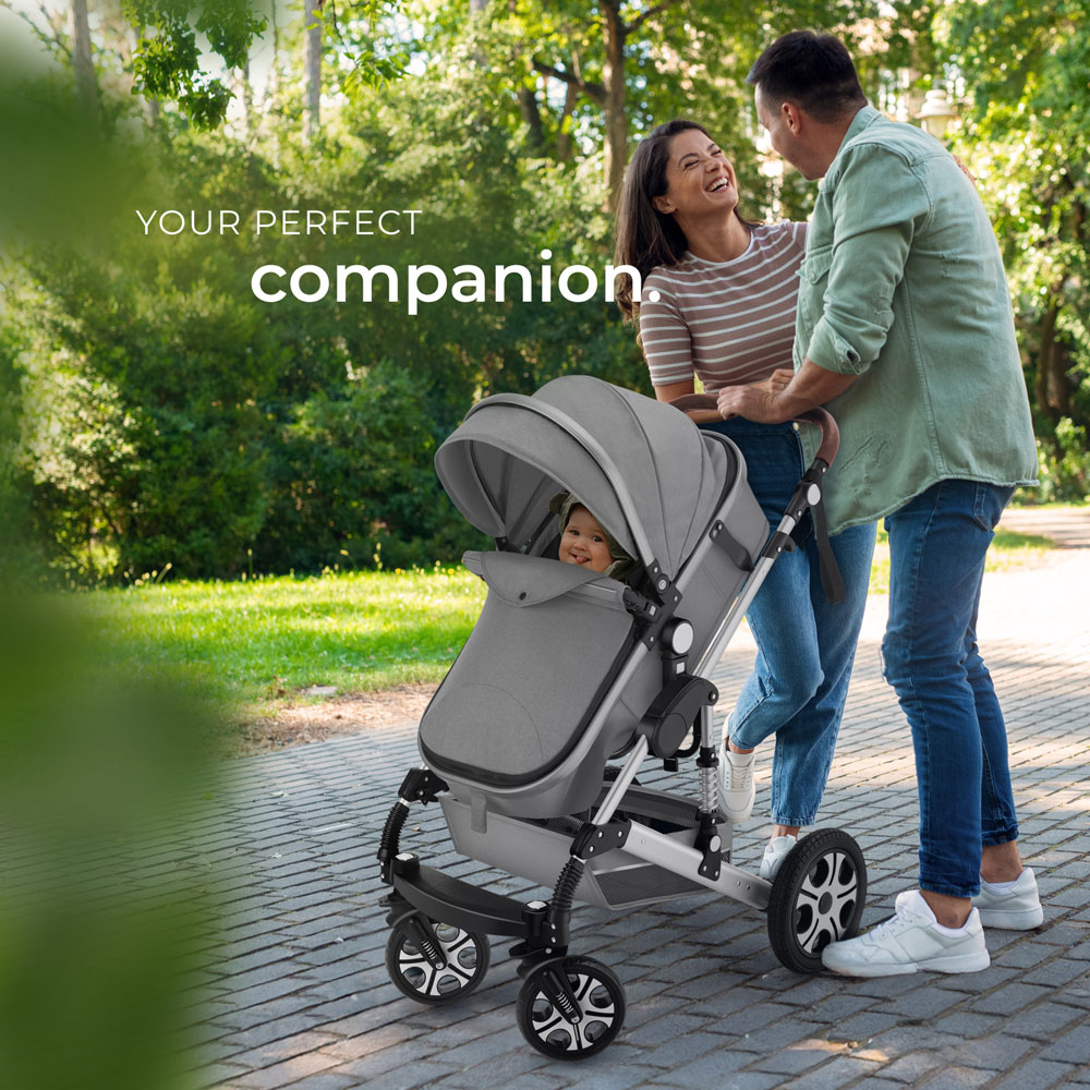 tectake Grey Foldable Pram Stroller with 5 Point Harness Safety Bar and Wrist Strap Image 7