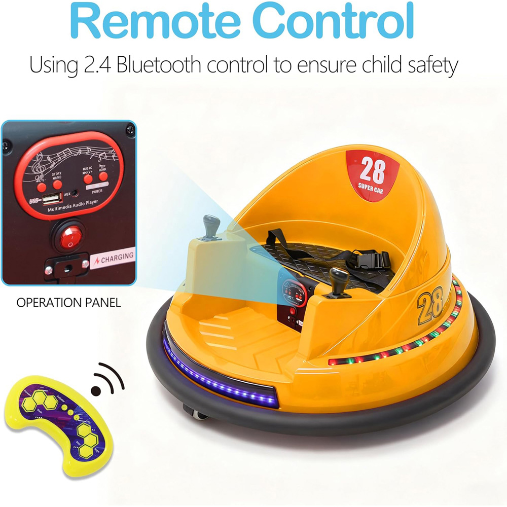 Alivio Kids Yellow 360 Degree Spin Ride-On Bumper Car with Remote Control and Safety Belt Image 7