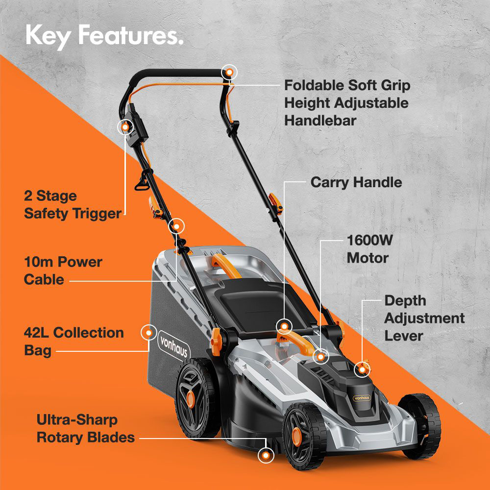 VonHaus 2515382 1600W Hand Propelled 38cm Rotary Electric Lawn Mower Image 5