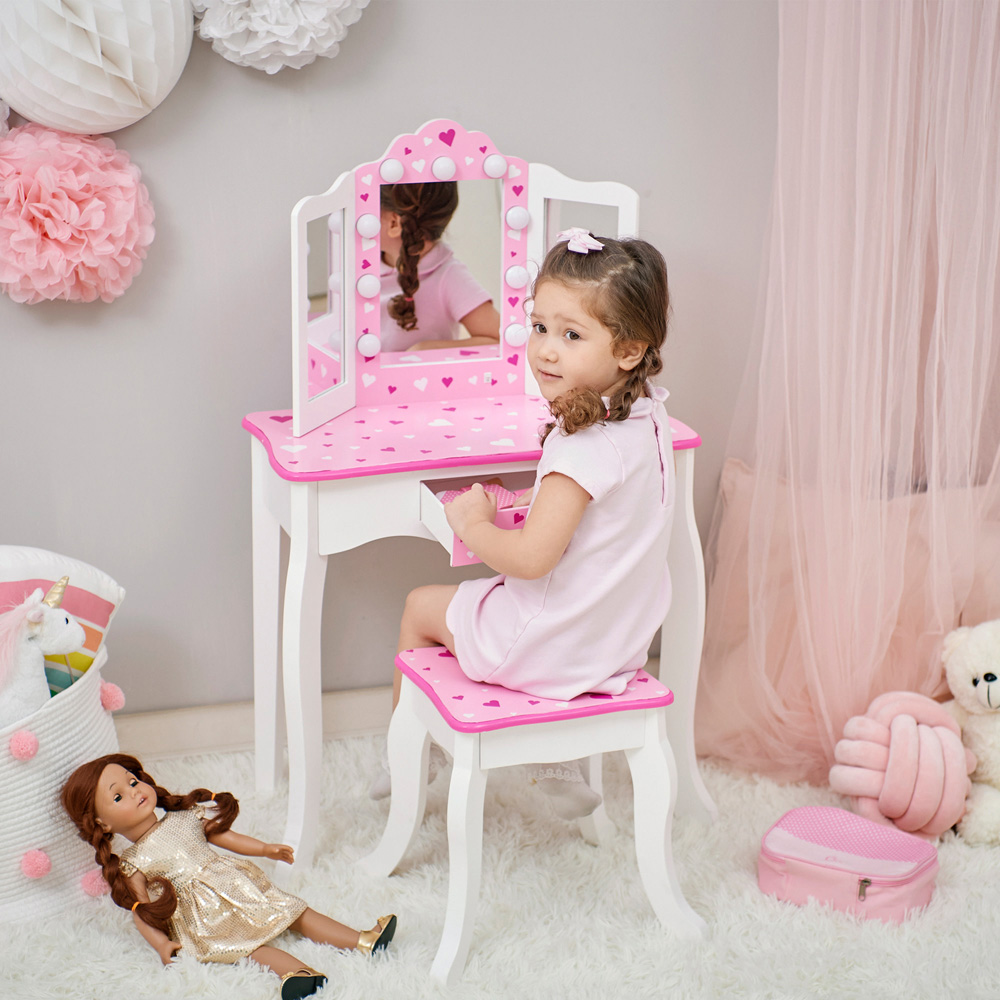 Teamson Kids White Pink Sweethearts Print Gisele Medium Vanity and Stool Image 7