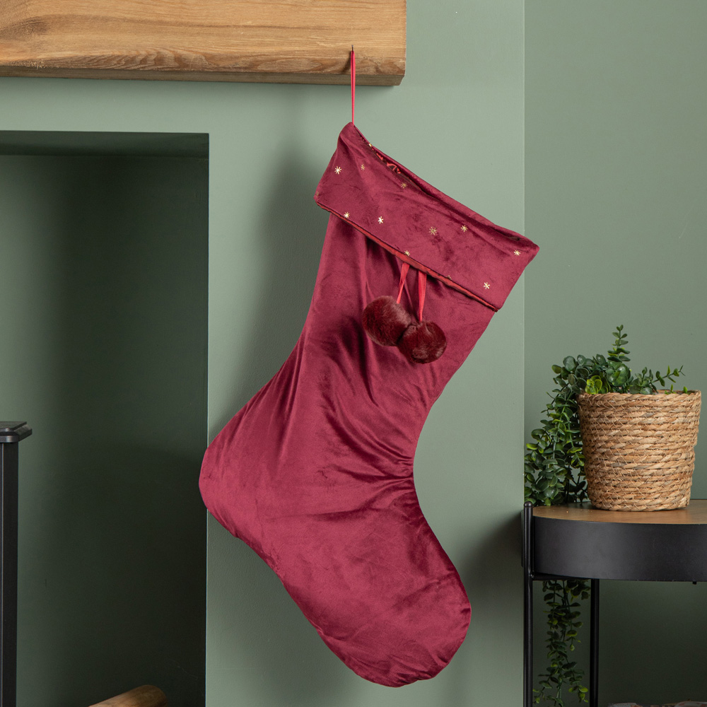 Samuel Alexander Burgundy Velour Star Print Christmas Stocking with Pom Poms 70cm Image 8
