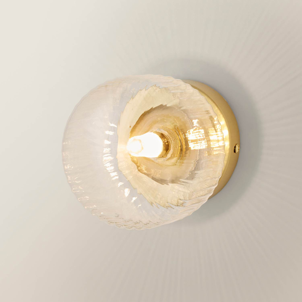 ValueLights Calpe Ribbed Clear Shade Brushed Gold Flush Wall Light with Bulb 2 Pack Image 6