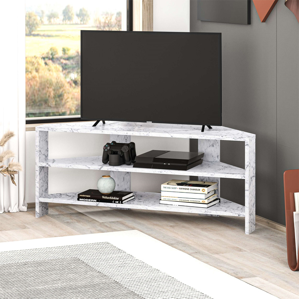 Decortie Thales White Marble Effect Corner TV Stand Image 4
