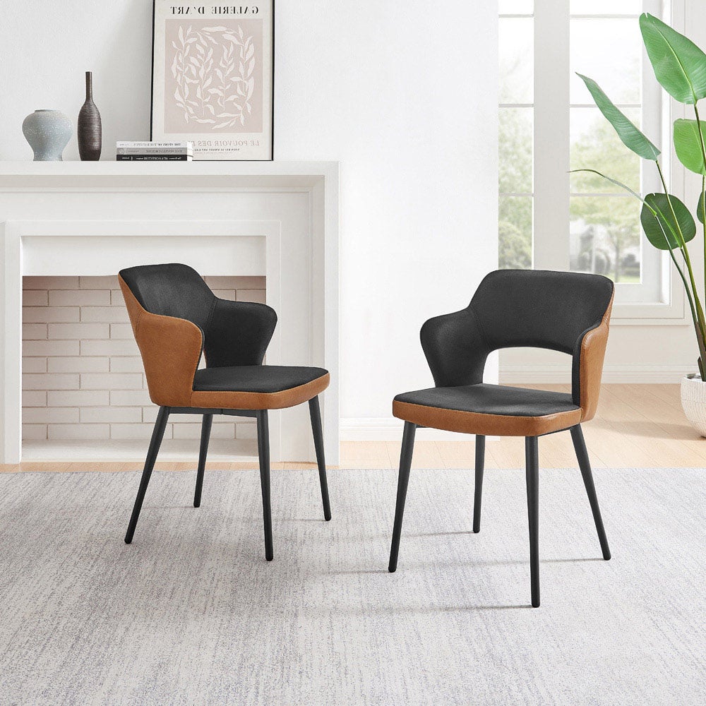 Furniturebox Koda Set of 2 Black and Tan Velvet Faux Leather Dining Chair Image 7