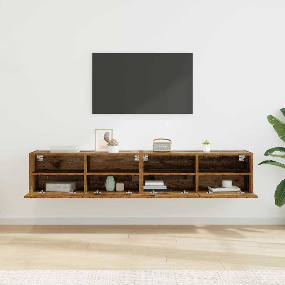 vidaXL 2 Door 2 Shelf Old Wood Wide Wall Mounted TV Unit Set of 2 Image 9