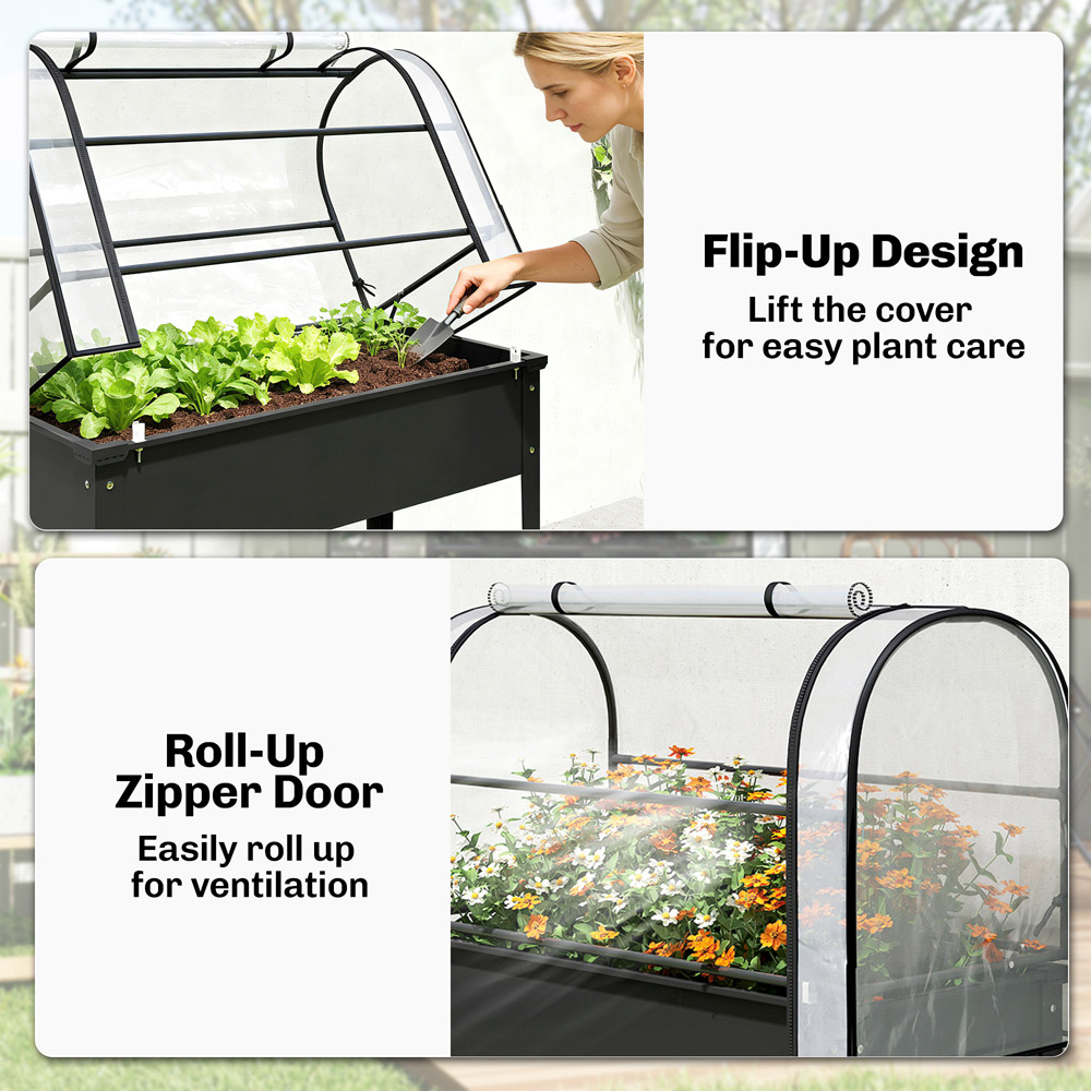 Outsunny Black Metal Raised Planter with Flip-Up Greenhouse 136 x 100 x 49cm Image 5