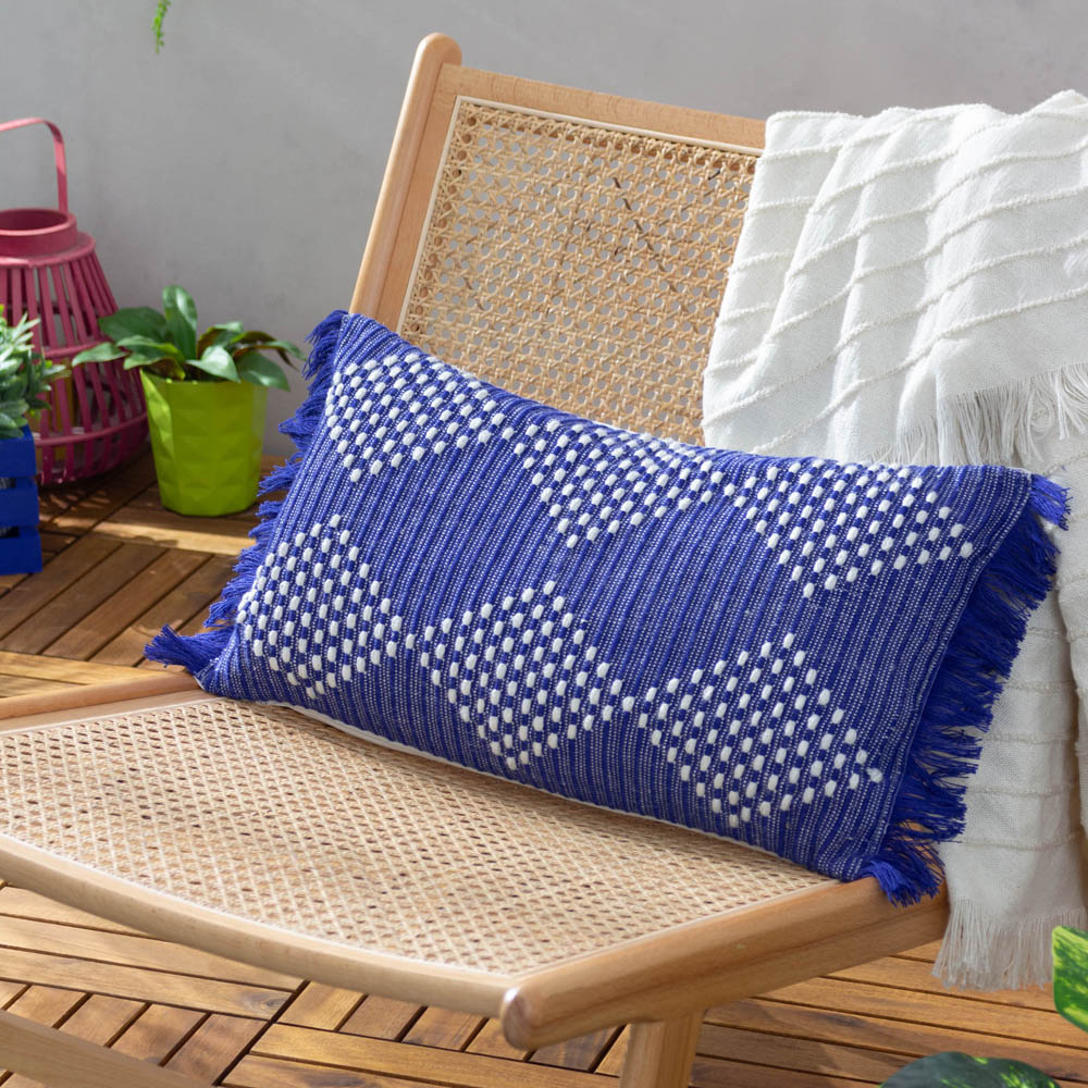 furn. Kadie Cobalt Woven Feather Filled Cushion 30 x 70cm Image 2