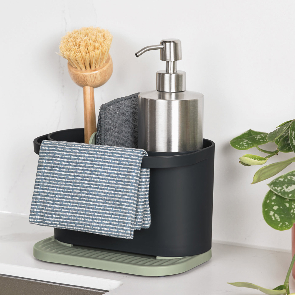 ReBorn Charcoal Grey and Sage Green Compact Plastic Sink Tidy with Drainage Tray Image 2