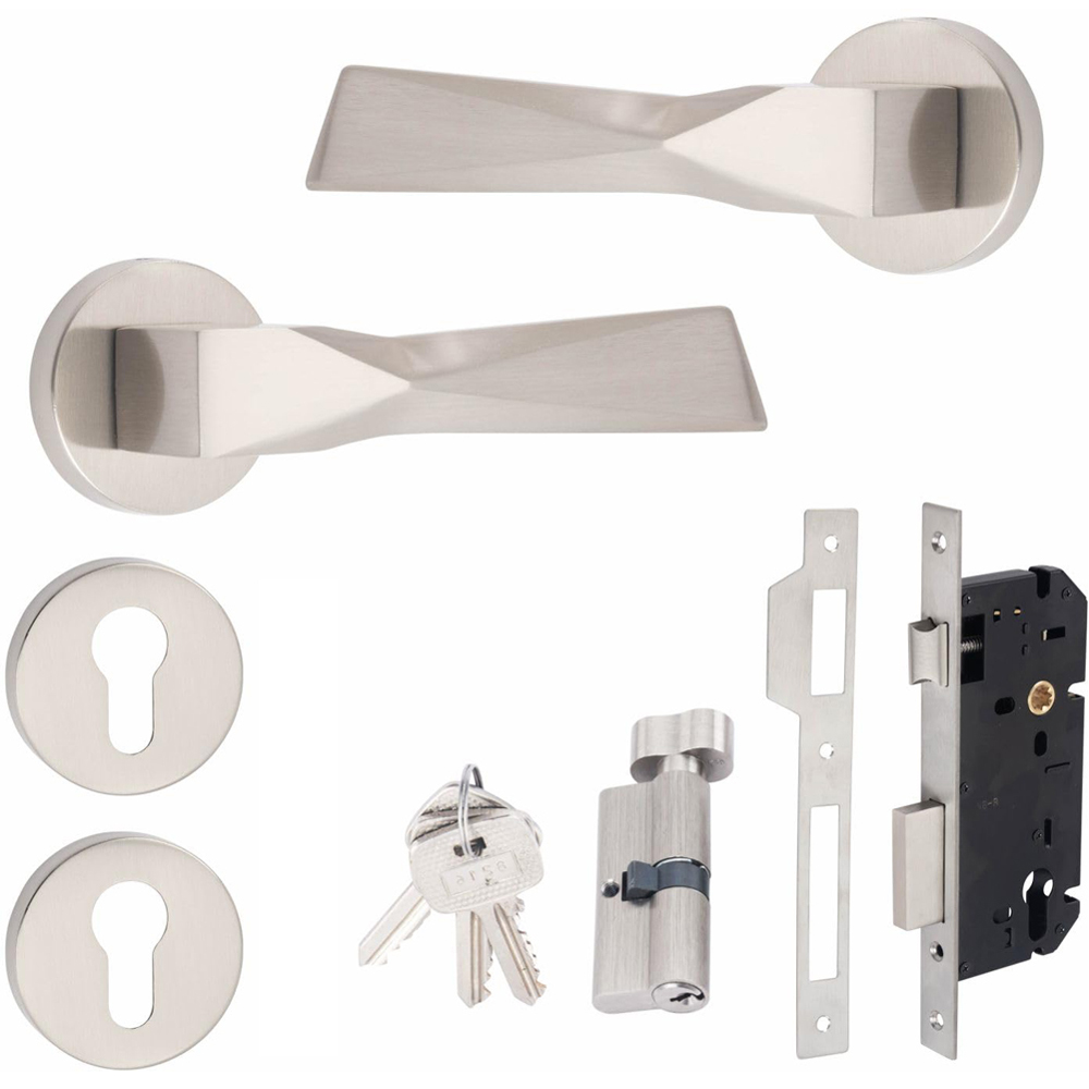 Golden Grace Modern Aura Satin Nickel Euro Lock Handles Set Image 1