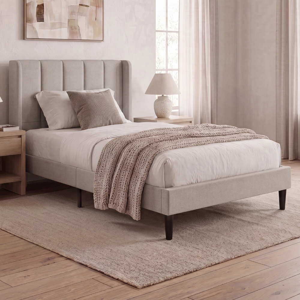 VIDA DESIGNS Vianna Single Beige Linen Fabric Bed with Memory Foam Bonnell Spring Mattress Image 1