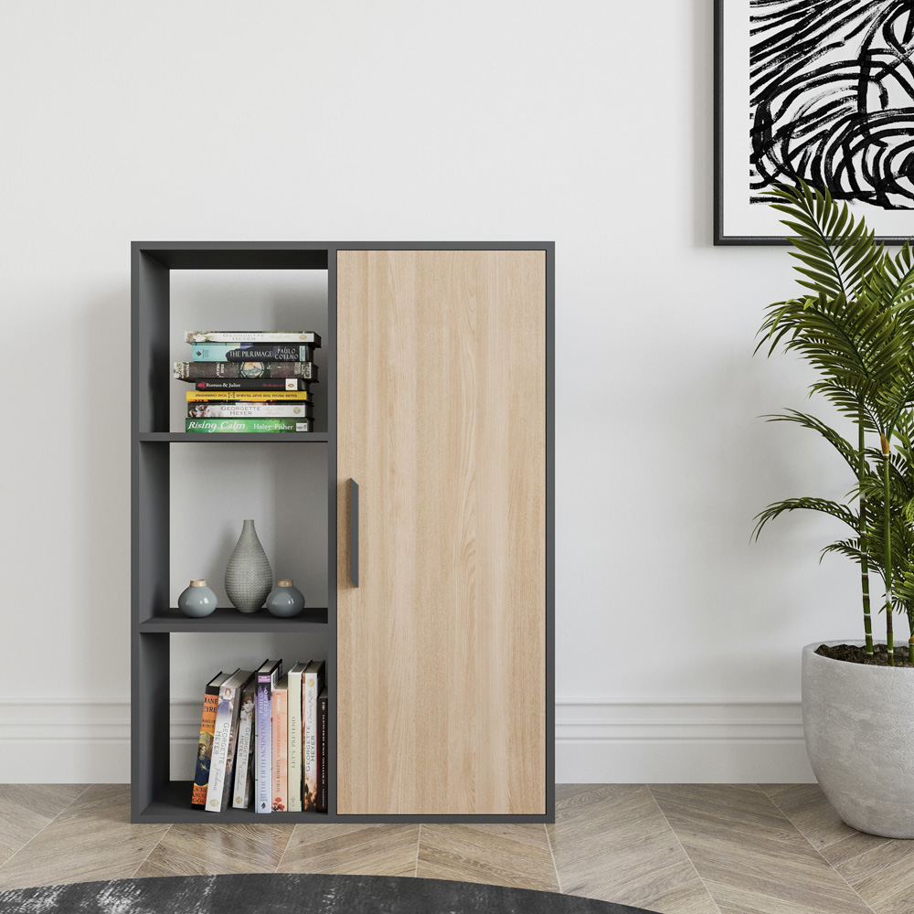 Decorotika Patrick Single Door 3 Shelf Anthracite and Oak Bookcase Image 4