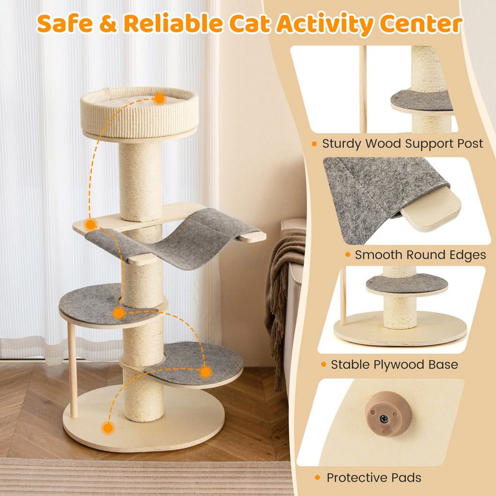 Costway Grey Multi Level Cat Tower with Sisal Covered Scratching Posts 120cm Image 4