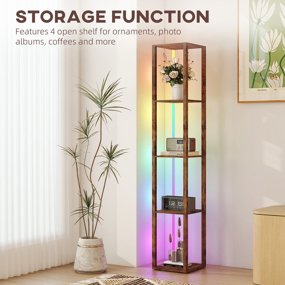 HOMCOM 4 Shelf Rustic Brown RGB LED Floor Lamp with Remote Image 7