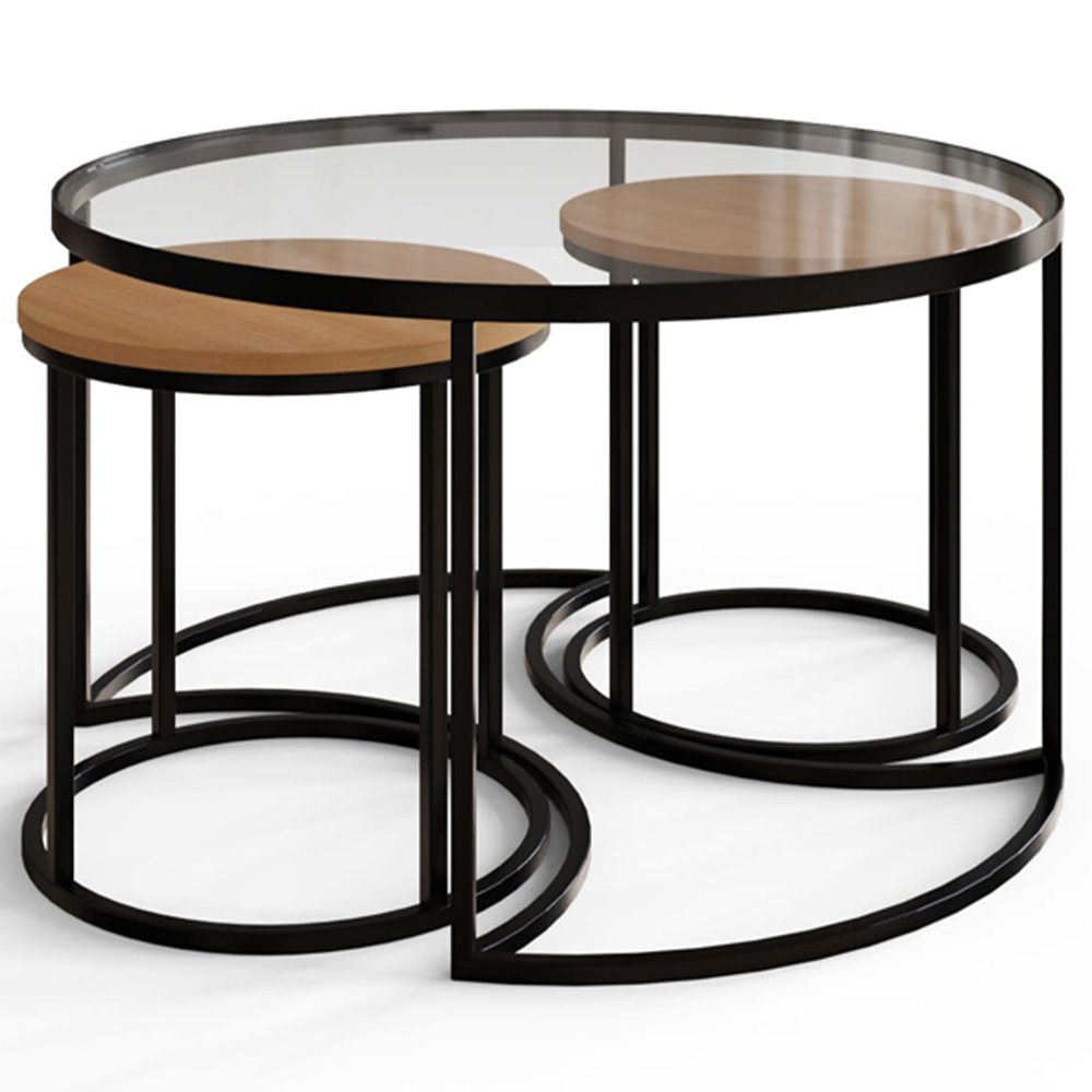 GFW Femi Oak Glass Top Nest of Tables Set of 3 Image 4