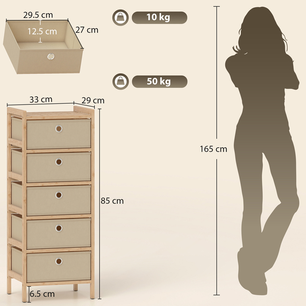 Portland 5 Fabric Drawer Cream White Bamboo Frame Chest of Drawers Image 9