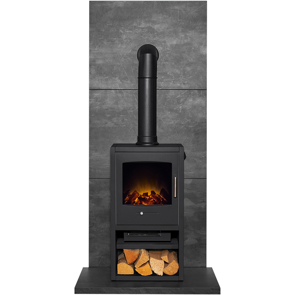 Acantha Slate Venetian Plaster Effect Tile and Hearth with Bergen XL Electric Stove and Angled Pipe Image 3