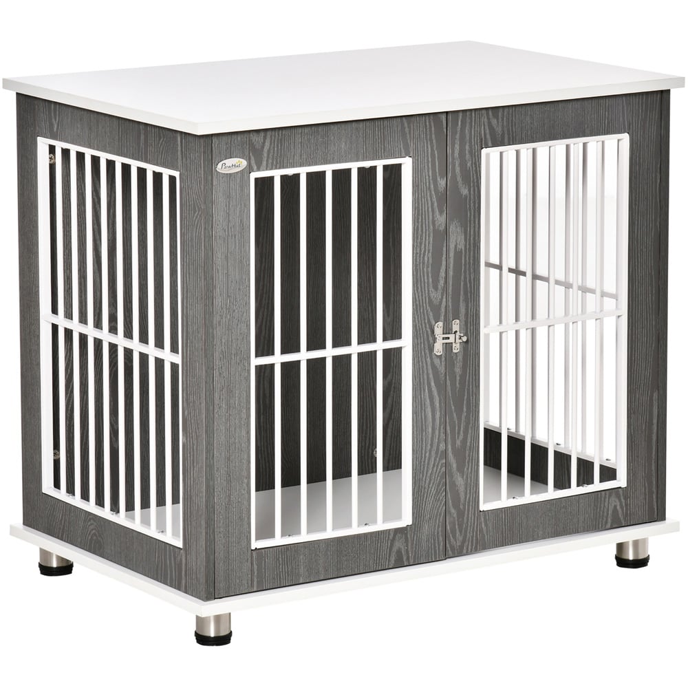 PawHut Grey and White Dog Cage Side Table with Lockable Door Image 1