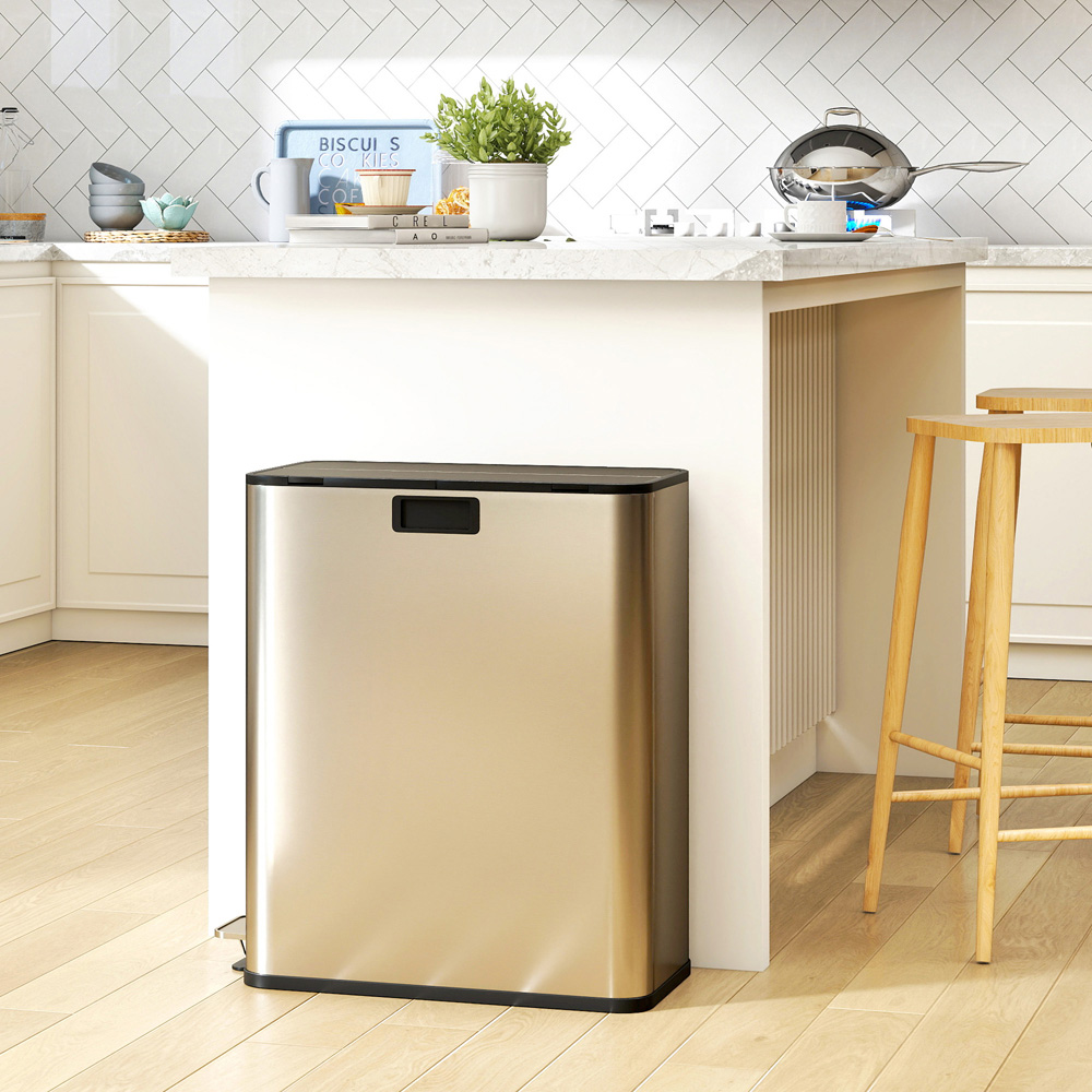 HOMCOM Double Silver Pedal Bin with Removable Inner Bucket and Soft-Close Lid 56L Image 2