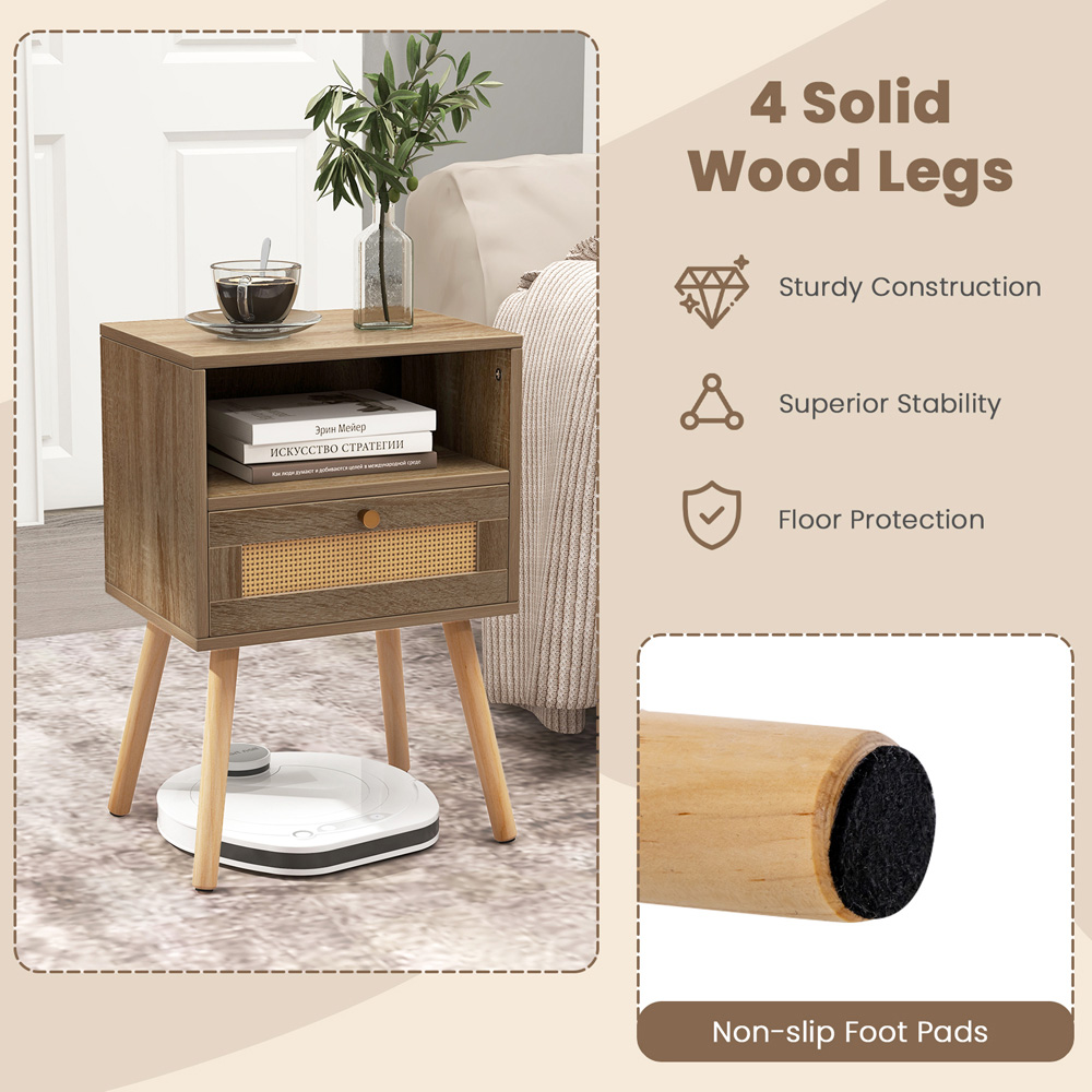 Costway Single Drawer Single Shelf Natural Rattan Bedside Table Set of 2 Image 8