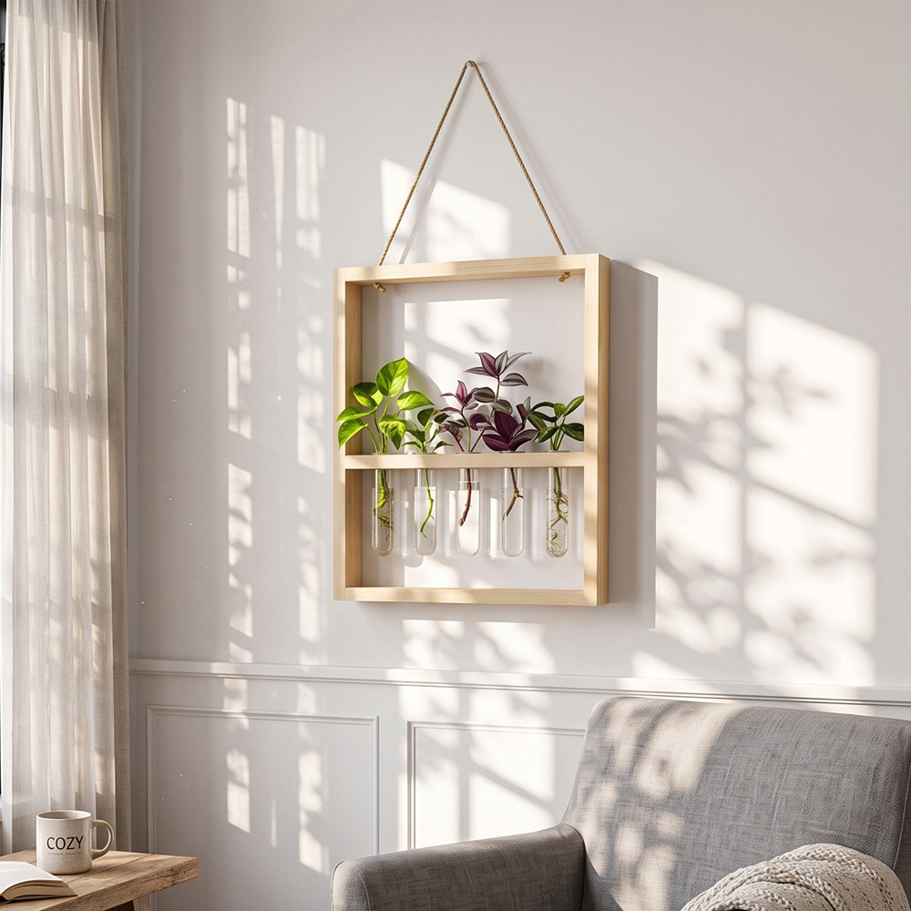 Living and Home 5 Tube Natural Wood Wall Mounted Plant Propagation Station Image 2