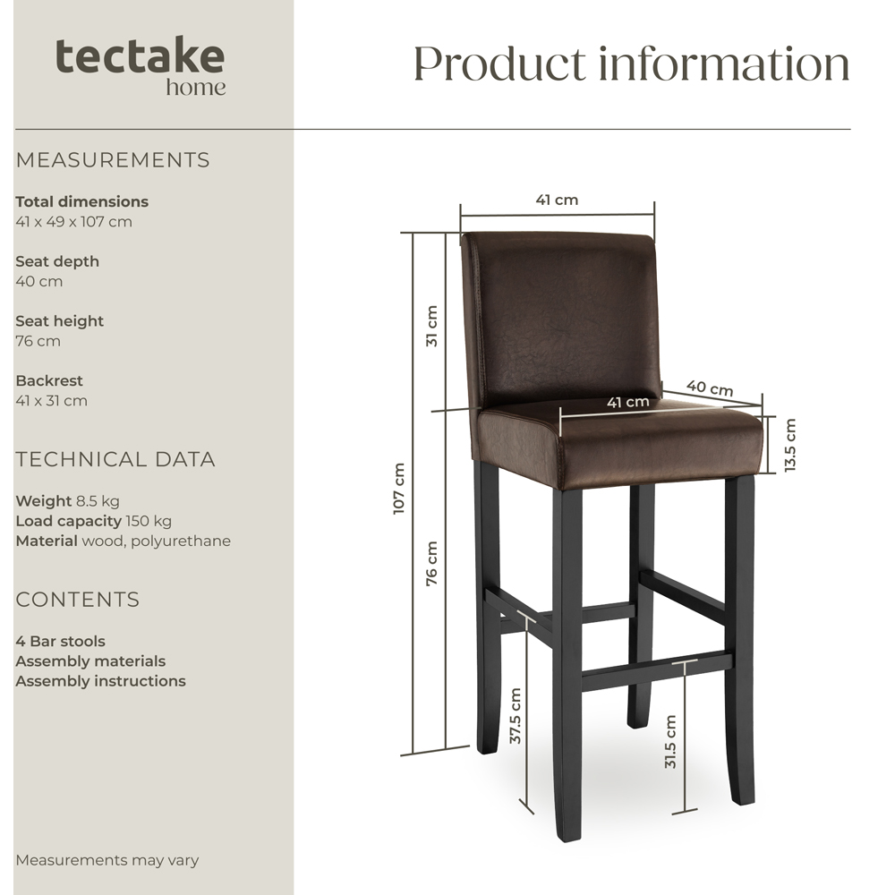 Tectake Brown Leather Padded Bar Stool Set of 4 Image 8