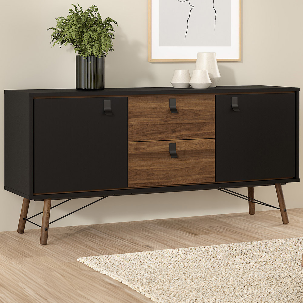 Florence Ry 2 Door 2 Drawer Matt Black and Walnut Sideboard Image 1
