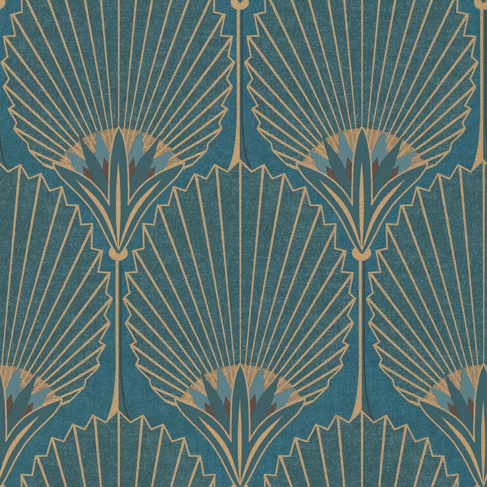 Grandeco Art Deco Nile Palm Blue and Gold Textured Wallpaper Image 1